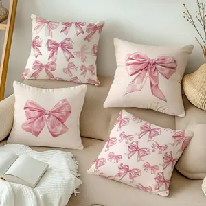 MEMNUN 4pcs Romantic Pink Bow Print Polyester Decorative Pillow Covers [Single-Sided Printing] 17.7*17.7in(45*45cm)/19.69*19.69in(50*50cm)/15.75*15.75in(40*40cm) Home Bed Headrest Sofa Cushion Pillow Covers [Pillow Insert Not Included], Suitable For Daily