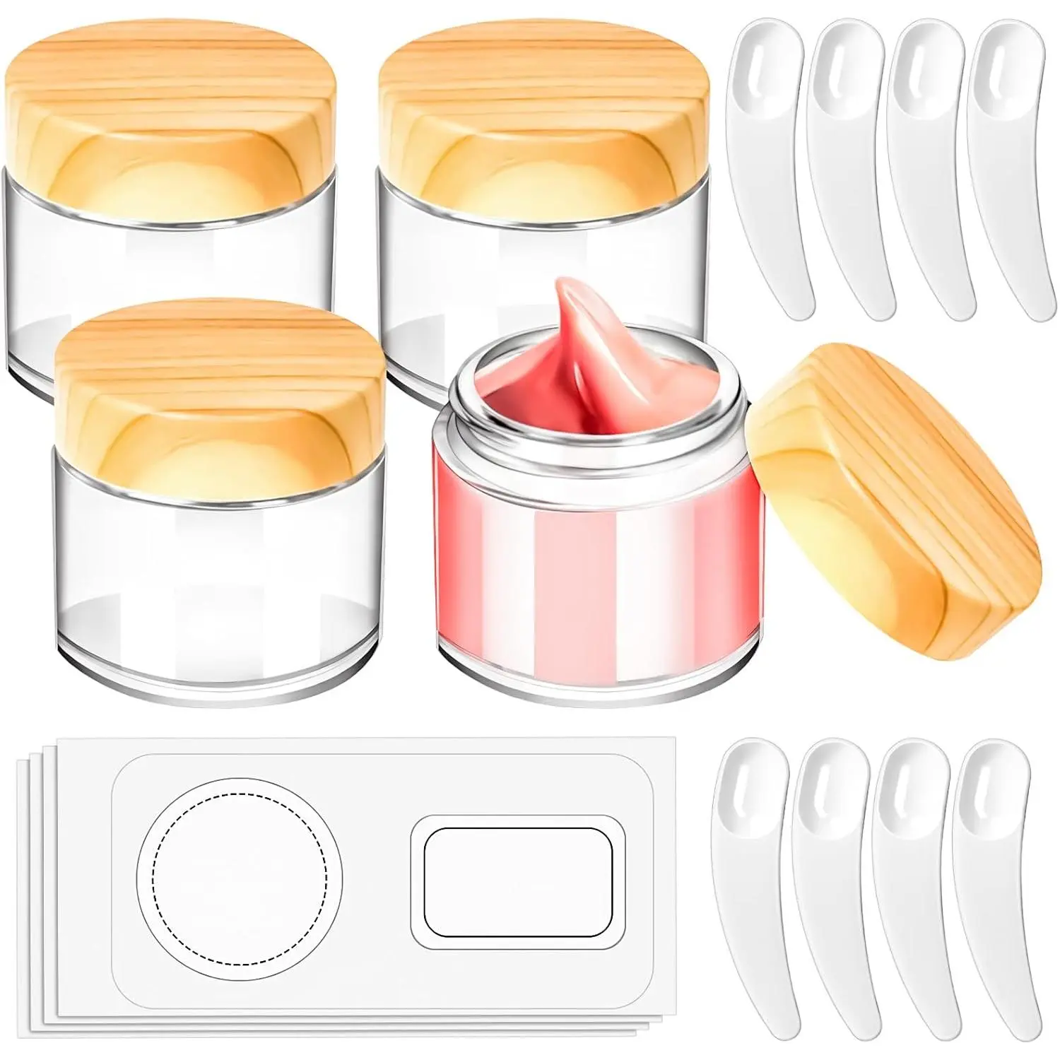 4 Pack 2oz Glass Jars with Lids, 2ounce Small Glass Containers with Woodgrain Lids and Inner Liners, 60ml Round Clear Jars Travel Toiletries with Spatula for Makeup  Salve Cream Lotion