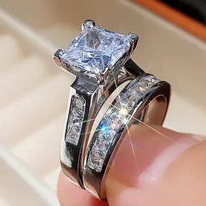 Luxury Princess Cut Cubic Zirconia Bridal Ring Set, Timeless Engagement & Wedding Band for Her, Anniversary Gif
