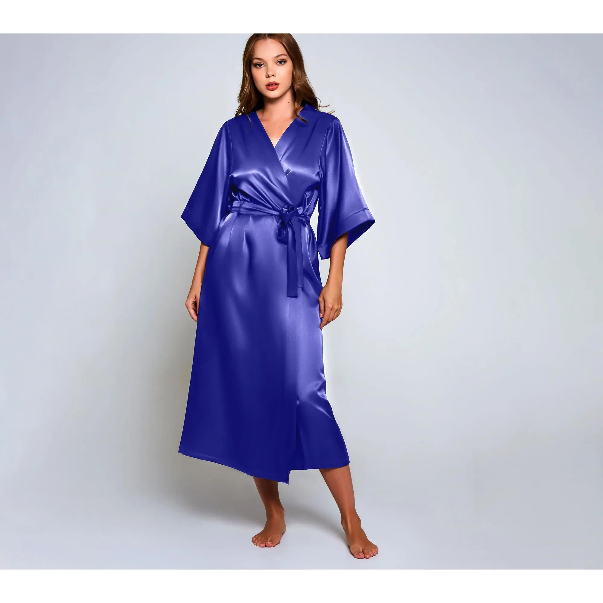 iCollection Satin Glossy Long Robe in SapphireBlue