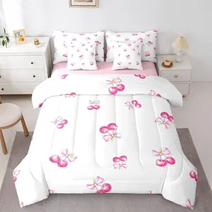 Kids Pink Bowknot Comforter Set with Sheets ,Cherry Print Bed in A Bag Cute Bow 7 Pieces Bedding Set Boys Girls Dreamy Princess Teens Bed Set Bedroom Decor 7Pcs