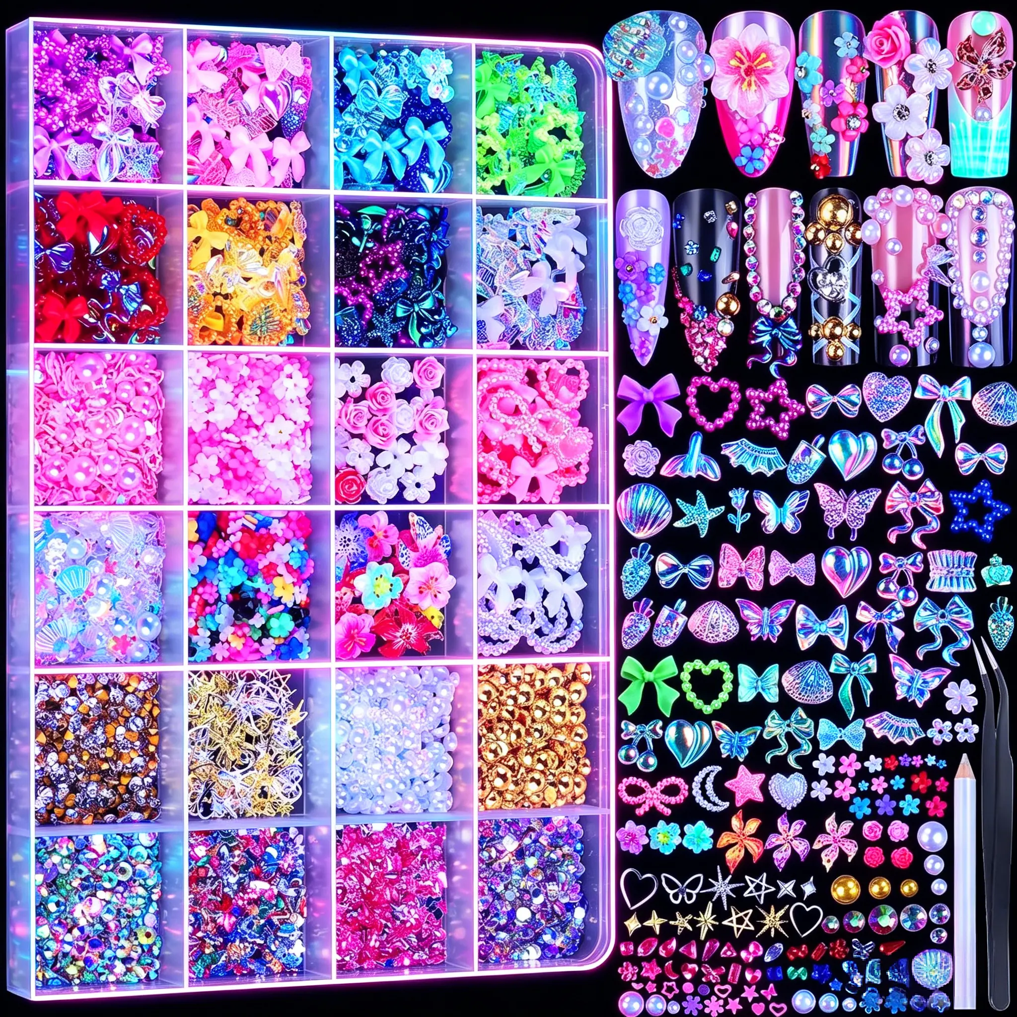 Nail Charms Set with 24 Grid Storage, 3D Hawaii Flower Nail Charms, Y2K Nail Decorations, AB Rhinestones, Multi Shape Gold Pearls and Gems for DIY Nail Art Kit