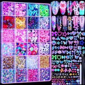 Nail Charms Set with 24 Grid Storage, 3D Hawaii Flower Nail Charms, Y2K Nail Decorations, AB Rhinestones, Multi Shape Gold Pearls and Gems for DIY Nail Art Kit