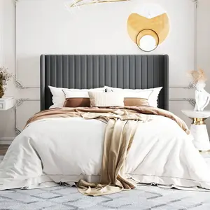 Full/Queen/King Size Velvet Upholstered  Frame, Vertical Channel Tufted Wingback Headboard, Wooden Slats Support Platform, No Box Spring Needed, Easy Assembly, Black White Teal Green Dark Blue Pink Color *  Frame Queen Queen Bed