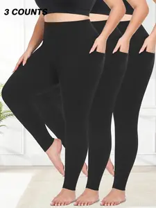 【Plus Size】 Solid Pocket Ankle Length High Stretch Leggings, Casual Comfy High Waist Skinny Pants for Daily Wear, Women's Bottoms for All Seasons, Elastic Fitted Stretch