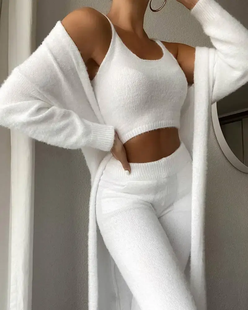 Fall Winter Fashion Women Sweater Pajamas Set Cozy Lounge Wear Fuzzy Fleece Sleepwear with Robe 3 Pieces Lounge Wear Sets HINATIVE