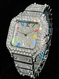 Men's Fashion Hip Hop Watch with Large Rhinestones, Colorful Roman Numeral Face, Stylish Casual Wristwatch for Daily Wear, Fashionable Stylish Watch, Wristwatch for Party