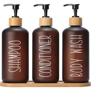 Amber Shower Dispenser Set, Contains 3 Extra-Thick PET Plastic Bottles with Bamboo Pumps, Shampoo and Conditioner Dispenser for Shower Perfect for Modern Bathroom Decor (Amber)