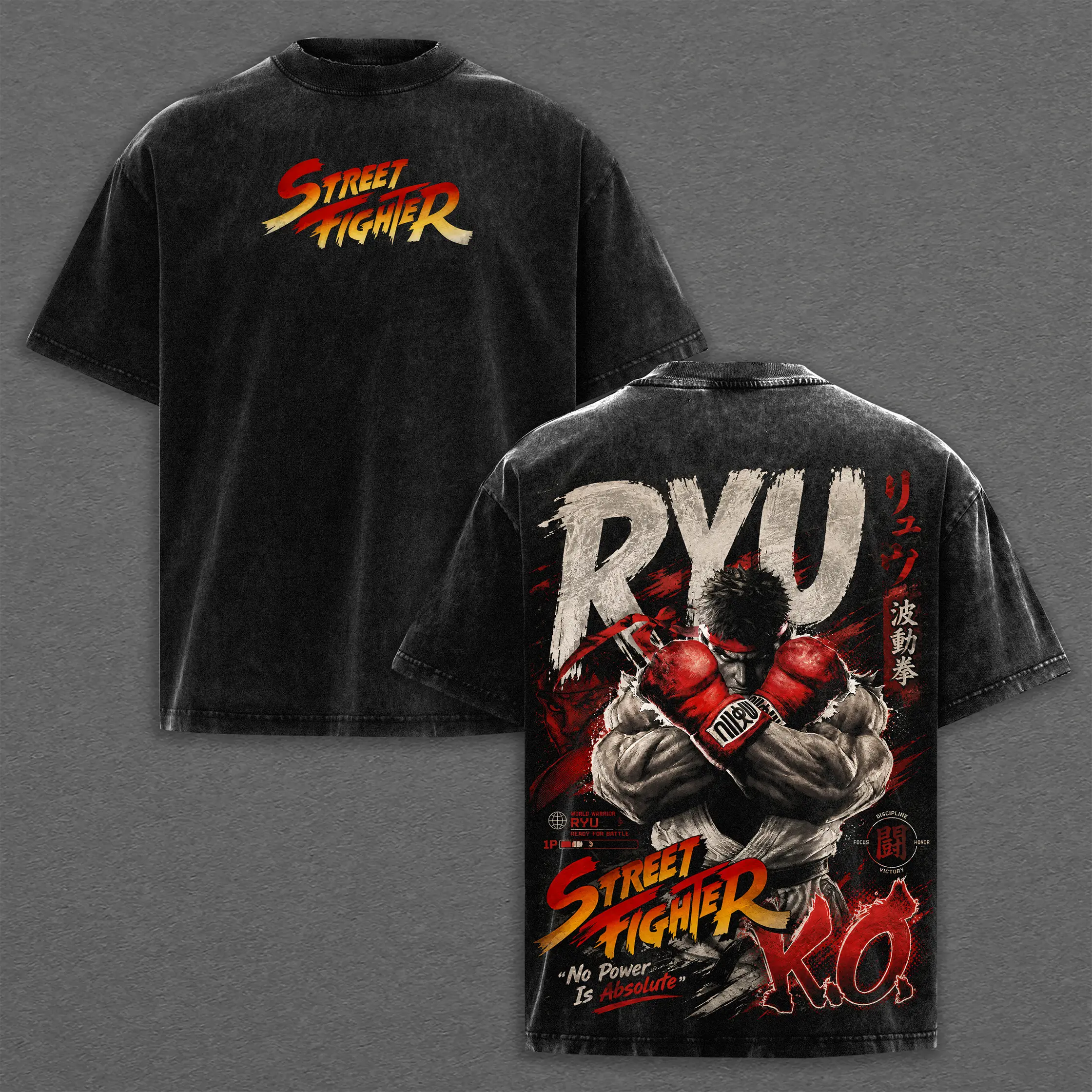 Street Fighter Ryu Acid Wash T-Shirt | Oversized Heavyweight Gaming Tee World Warrior Hadoken K.O. Arcade Fighting Game Graphic Print Vintage Goth Grunge Streetwear Top Unisex