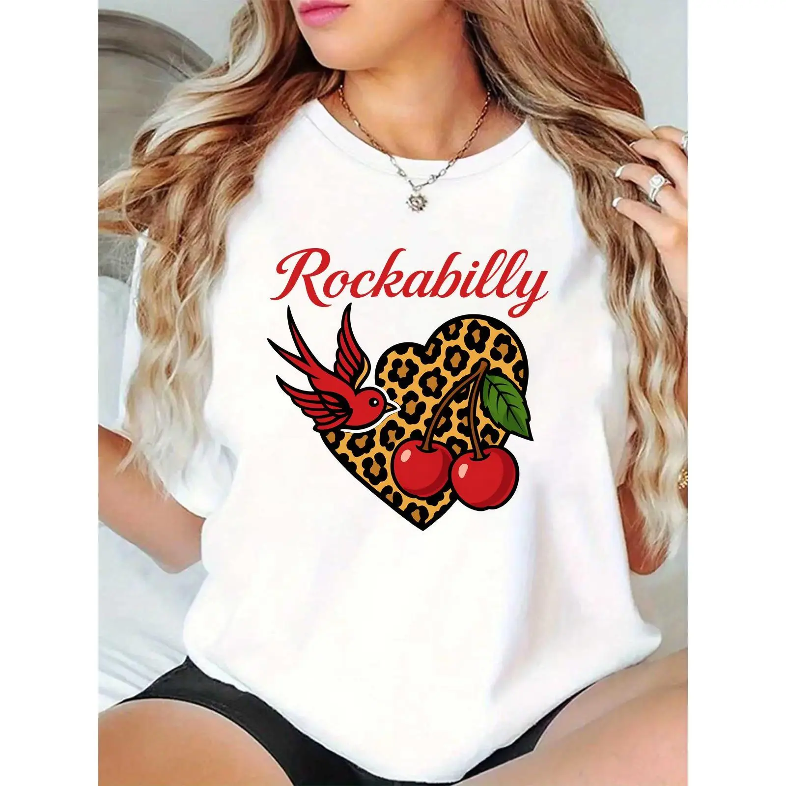 Women's Rockabilly T - Shirt | Red Swallow, Leopard Heart & Cherries | Casual Retro Streetwear for Daily, Festivals, Rockabilly Enthusiasts 100% Cotton T-shirt