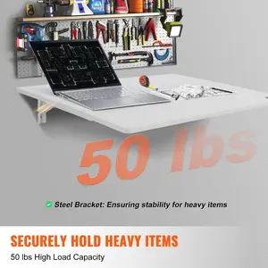 VEVOR Wall Mounted Folding Table, 31.5x 19.69 Wall Mount Drop Leaf Table, Floating Desk with Iron Bracket, Fold Down Desk for Small Spaces, Home Office, Dining, Laundry Room, Kitchen, Bar, White