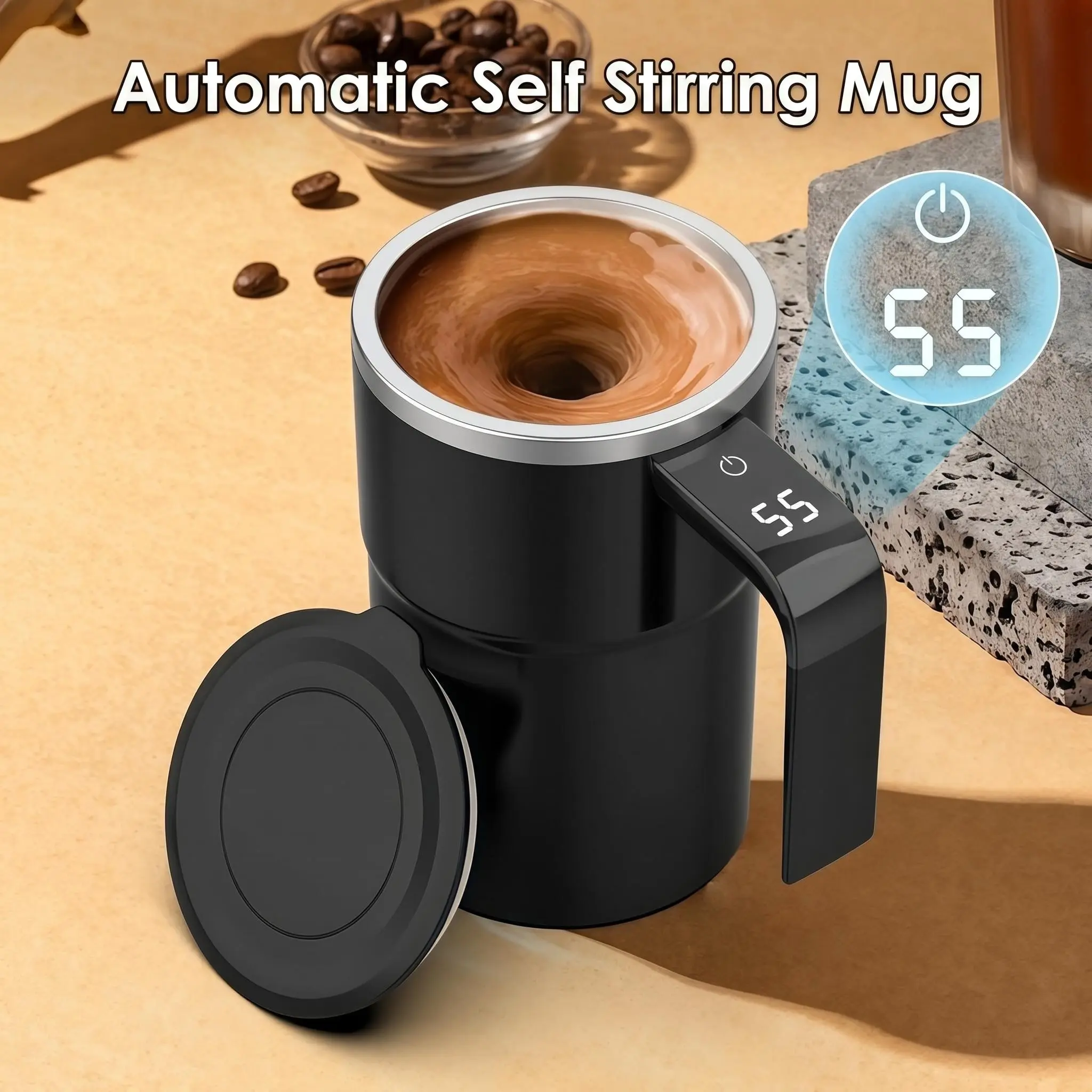 Electric Automatic Self-Stirring Magnetic Mug with Built-In LCD Temperature Display, Kitchen Mixing Mug for Brewing Milk, Cocoa, Ideal Christmas Gift for Adults