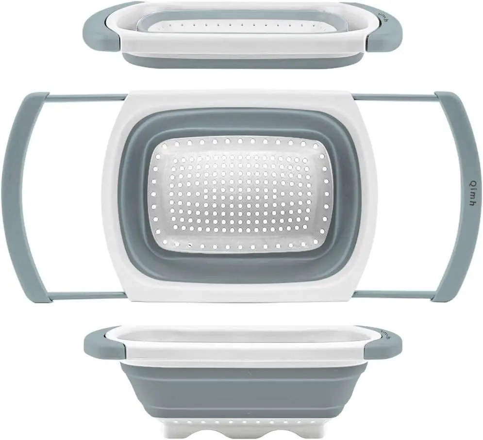 Qimh Collapsible (Foldable) 6-Quart BPA-Free Perforated Over-The-Sink Silicone Kitchen Colander Strainer with Extendable Handles, Dishwasher Safe, Cute Kitchen and Home Gift for Veggies, Fruit, Avid Cooks