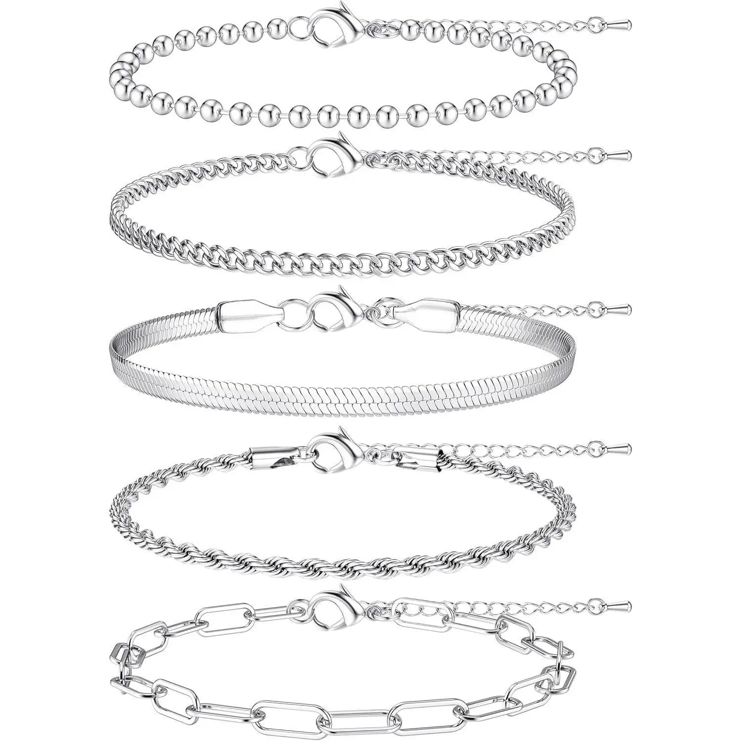 CASSIECA Women's 5Pcs Daily Stacking Bracelets Set - Gold-Silver Stainless Steel with Rope, Cuban, Figaro, Bead Chain & Link Charm Designs, Fashion Costume Jewelry for Summer Vibes
