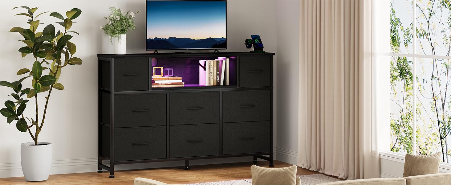 TV Stand with 8 Fabric Drawers & Power Outlet LED TV Console with USB & Type-C Storage Dresser for Living Room Modern Design
