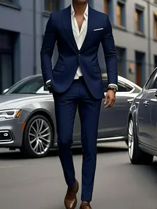 Men'S 2pcs Polyester Suit Set -- Casual Street Style Black Jacket and Pants, Long Sleeve Buttoned Blazer, Regular Fit Woven Fabric Clothes, Menswear