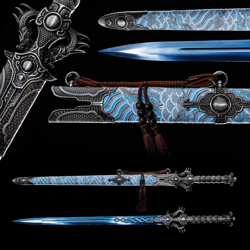 Handmade Chinese Sword - Full Tang Dynasty - Heat-Treated Blade, Blue Dragon Handle - Authentic Ancient Chinese - Collector'S Display or Martial Arts Training - Luxury Sword Sheath - Historical Replica - Ideal Gift for Martial Arts &