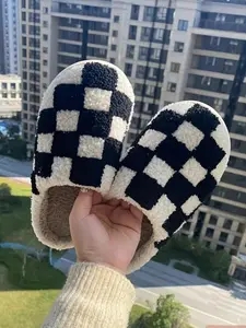 Soft Plush Checkered Slippers, Creative Embroidery Retro Simple Home Shoes, Unisex Indoor Outdoor Warm Non-Slip Boots, House Slippers