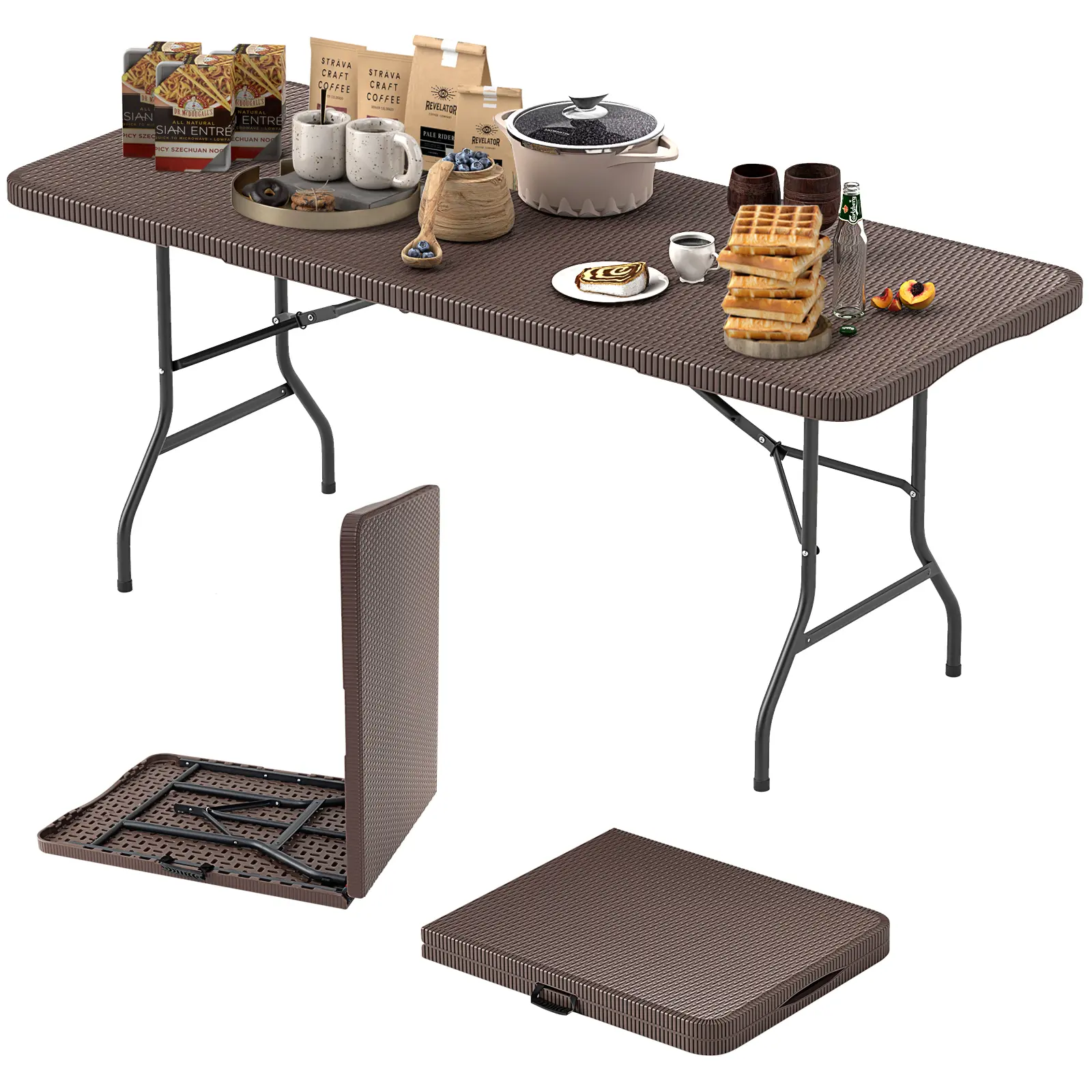 COSTWAY - 6 ft Portable Folding Table with Rattan-Like HDPE Tabletop and Safe Lock Mechanism-Brown