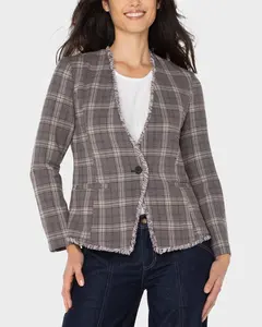Collarless Fitted Blazer with Frayed
