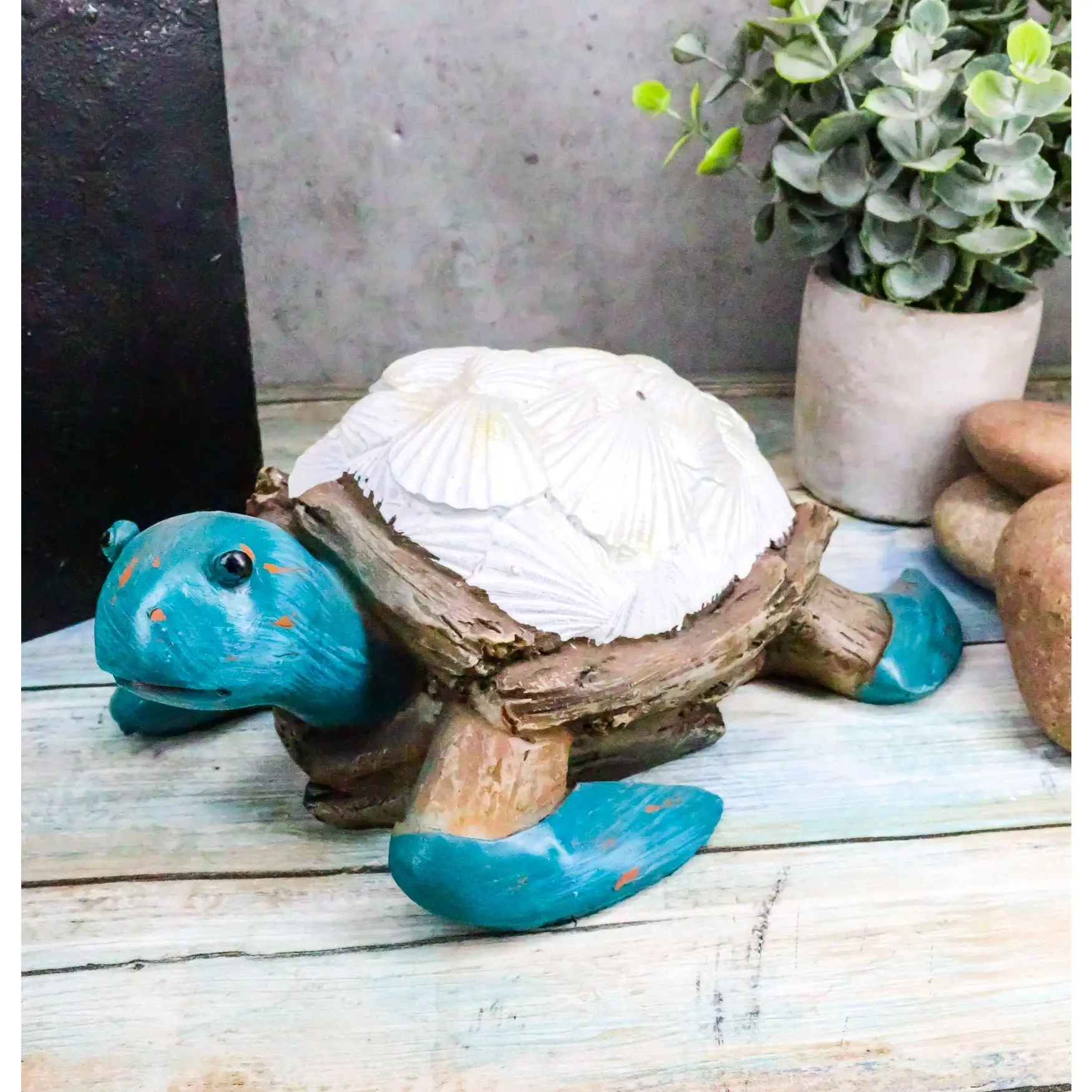 Nautical Sea Turtle Figurine with White Clam Shells, Faux Distressed Wood Finish Resin Sculpture, Home Decor Gift, Hand