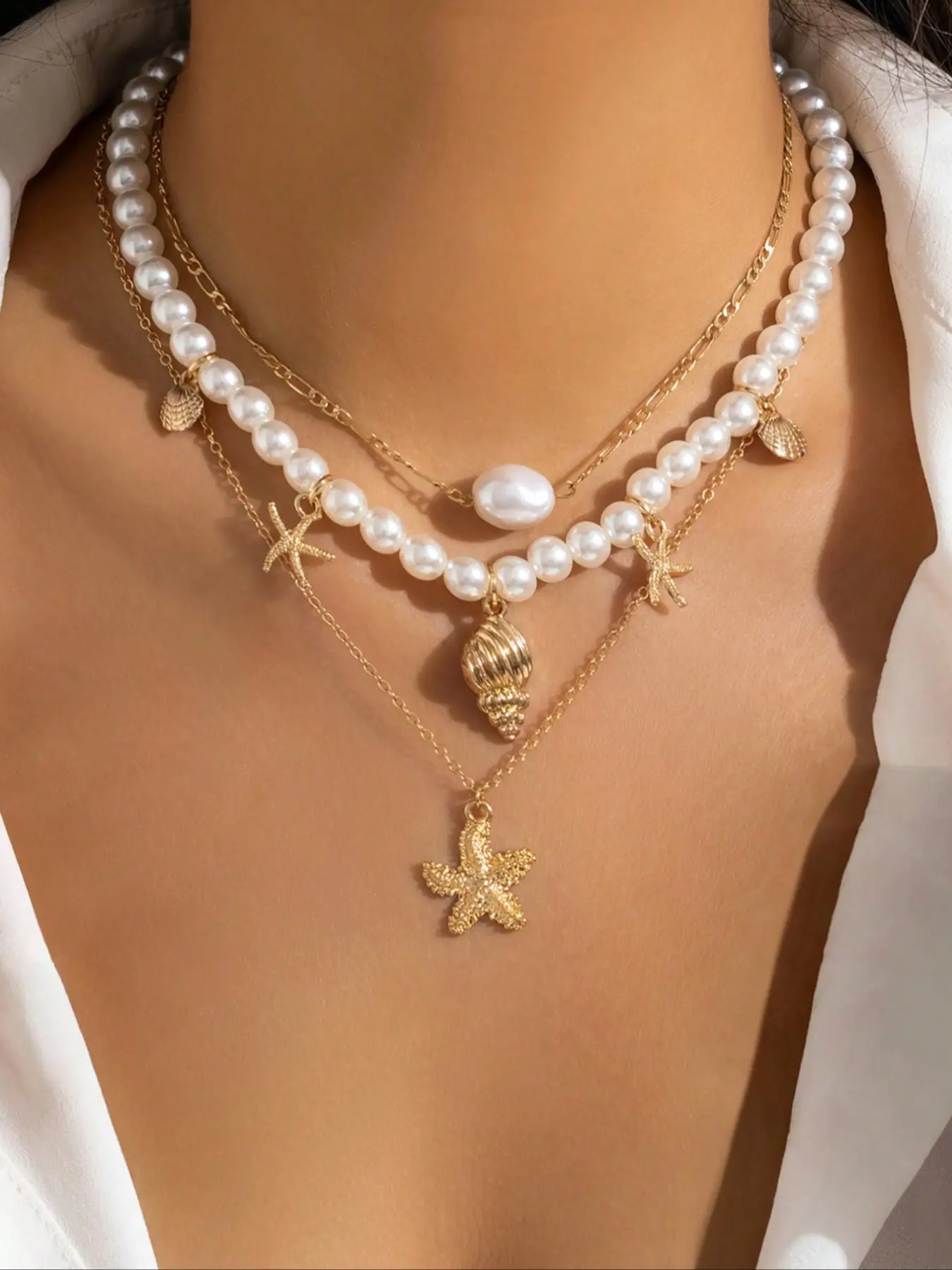 Set of 3 Beaded Necklace Beach Faux Pearl Jewelry, Starfish Shell Vintage Holiday Necklaces, Women's Fashion Accessories, Dainty Boho Necklace, Dainty Fashion Jewelry