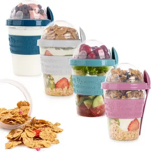 4-Pack Reusable Parfait Cups with Lids & Built-In Spoons - BPA-Free Dual-Compartment Containers for Oatmeal, Granola, Breakfast, Gym, and Travel - Leakproof & Dishwasher Safe - (20 oz)