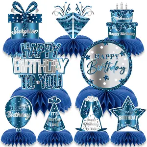 9PCS 3D Blue Birthday Centerpieces Decorations Birthday Honeycomb Table Decorations Blue Happy Birthday Party Decorations Birthday Party Supplies