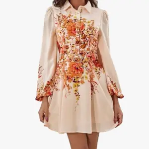 Women Long Sleeve Fall Button Down A-Line Floral Print Fall Cocktail Shirt Dresses with Belt Summer Casual Womenswear