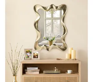 Glitzhome 34" H Modern Gold Foil Metal Frame Wavy Wall Mirror