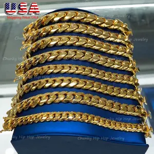 8/10/12/14/18/20/22mm Stainless Steel Miami Cuban Curb Link Chain Mens Womens Bracelet Bangle 14K Gold Plated