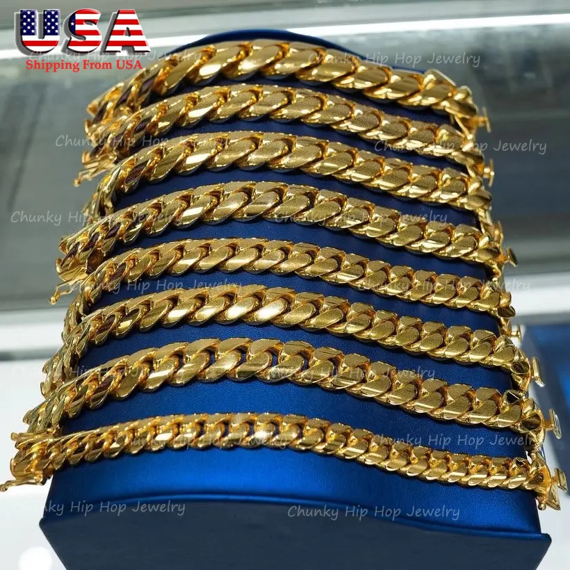 8/10/12/14/18/20/22mm Stainless Steel Miami Cuban Curb Link Chain Mens Womens Bracelet Bangle 14K Gold Plated