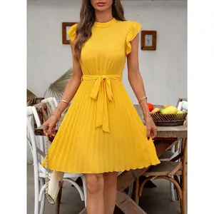 SHEIN Clasi Women's Elegant Butterfly Sleeve Pleated A-Line Short Dress, Yellow Spring Dress Dresses For Women Summer Outfits For Women Summer Dresses For Women Easter Dress Women Vestidos Casuales De Mujer Graduation Dress Sun Dresses For Women Sundress