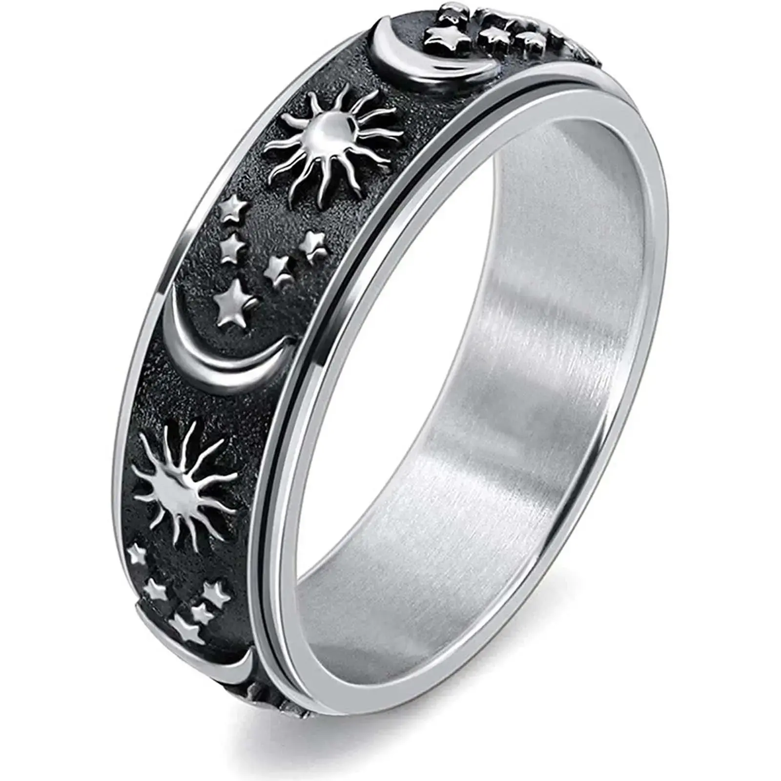 Bohemian Style Titanium Steel Rotating Moon Ring - Celestial Star, Moon, Sun Motifs, Stress Reliever Artificial Gemstone Hand Jewelry, Moon Ring Rings, Celestial Rings, Decompression Rings, Stars Rings
