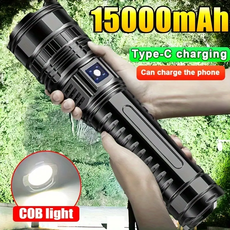 Super Bright 15000mAh Rechargeable LED Flashlight, with COB Light, Tactical Long-Distance Spotlight, USB Charging, Stainless Steel, 5 Modes, Waterproof Design, Includes Hand Strap, Rechargeable Flashlight summerwins