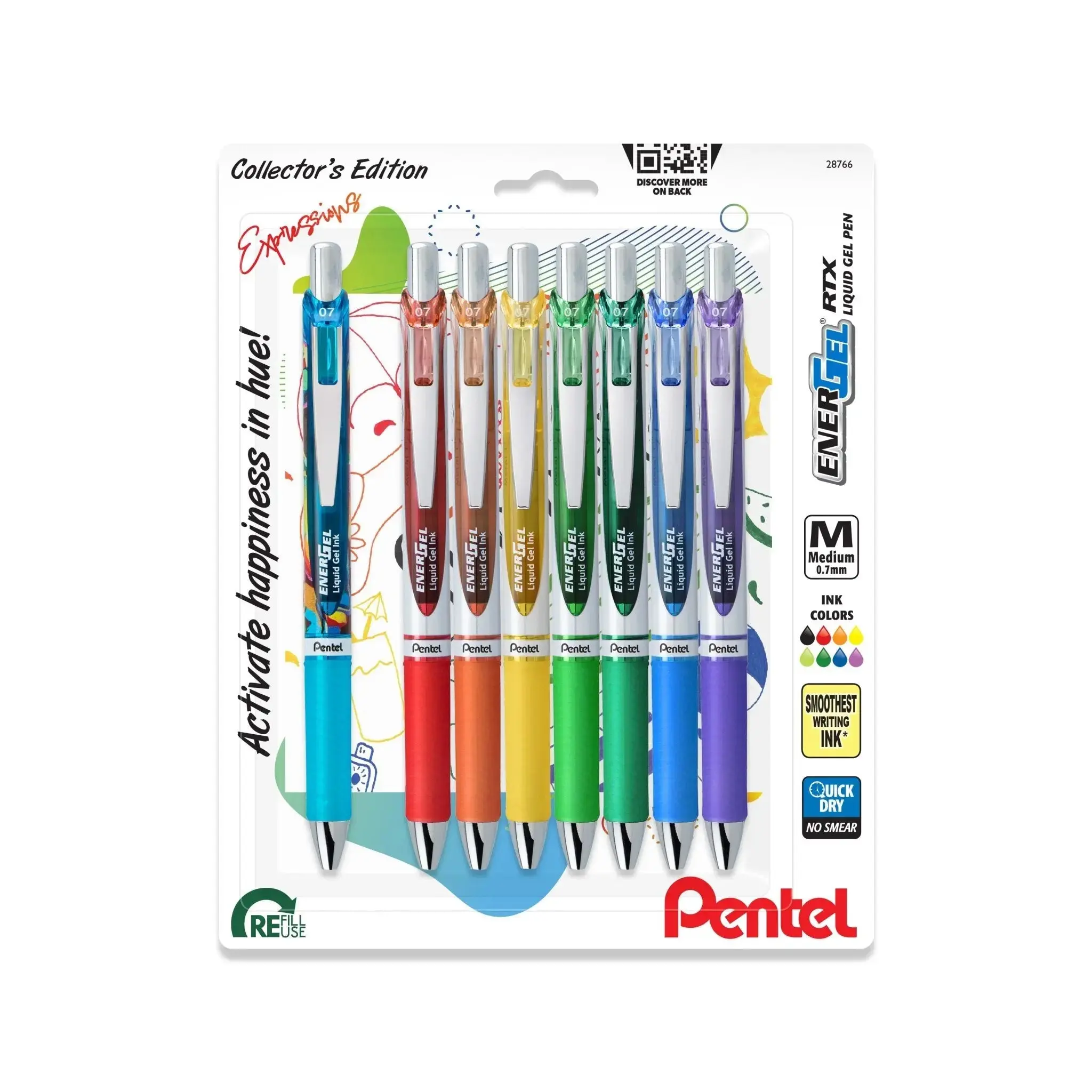 EnerGel Expressions, Liquid Gel Pens, Happiness Pack, (0.7mm) Medium Line, Assorted Ink, 8-Pk 