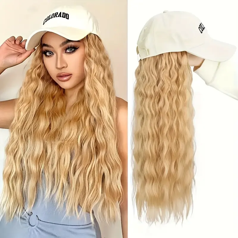 Women's 22in Soft Wavy Curly Synthetic Hair Baseball Cap Half Wig - Adjustable Wig Head, Basic Style, 1-Size-Fits-Most, for Daily Wear & Music Festival, Soft Synthetic Hair, Wavy Wigs