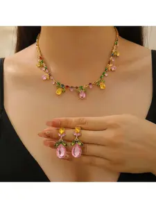 Trendy Color Zircon Flower Set Teardrop Jewelry Set Water Drop Pendant Earring Necklace Women's Luxury Fresh Sweet Daily Wear Jewelry