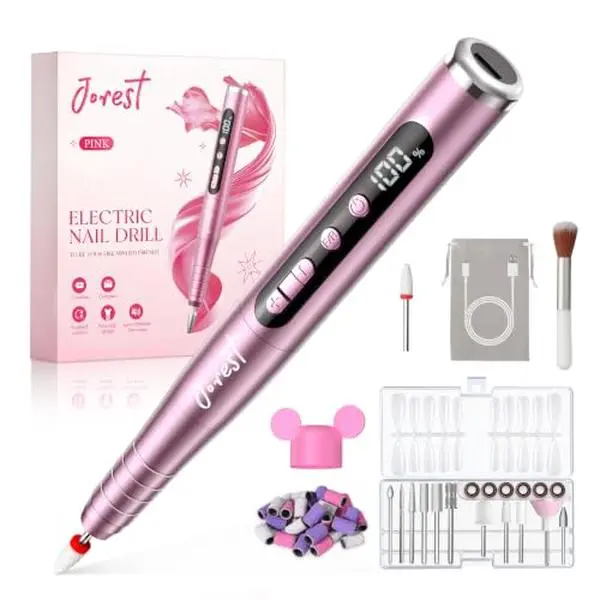 JOREST 13-in-1 Rechargeable Electric Nail Drill Kit with LED Display, 35,000 RPM 6-Speed Cordless Manicure Tool for Acrylic Gel Nails, Nail File with Bits & Sanding Bands, Gifts for Women, Rose Pink