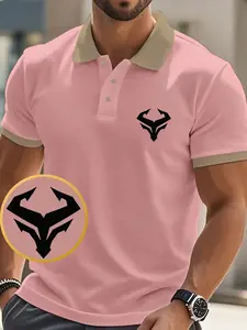 Men's Fashion Geometric Bull Logo Streetwear Collared Contrast Collar Polo Shirt, Summer Essential Casual Comfort Short Sleeve Top, Slim-Fitting Print Polo