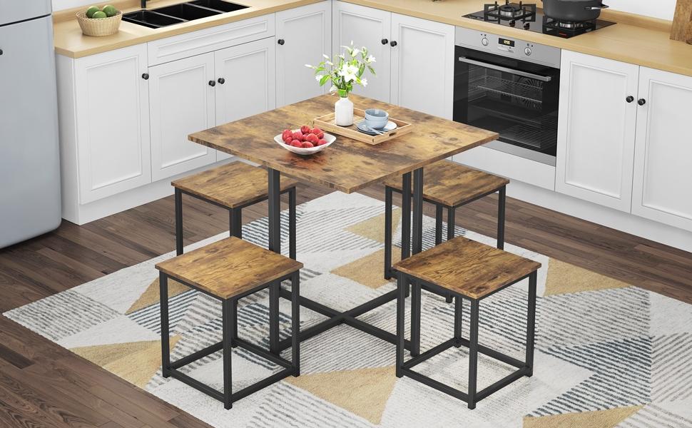 Yaheetech 5-Piece Dining Table Set with 4 Stools - Industrial Compact Kitchen Table & Chairs Sets, Space-Saving Design for Apartment, Small Space, Breakfast Nook Yaheetech 5-Piece Dining Table Set with 4 Stools - Industrial Compact Kitchen Table & Chairs Sets, Space-Saving Design for Apartment, Small Space, Breakfast Nook