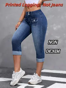 Women's Printed High Rise Cropped Skinny Seven-Quarter Pants, Elastic Fake Jeans Style, All Season Casual & Formal Wear, Durable