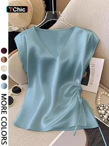 Women's Elegant Elegant Simple Solid Color V-Neck Batwing Sleeve Drawstring Ruched Satin Blouse Shirts, Summer