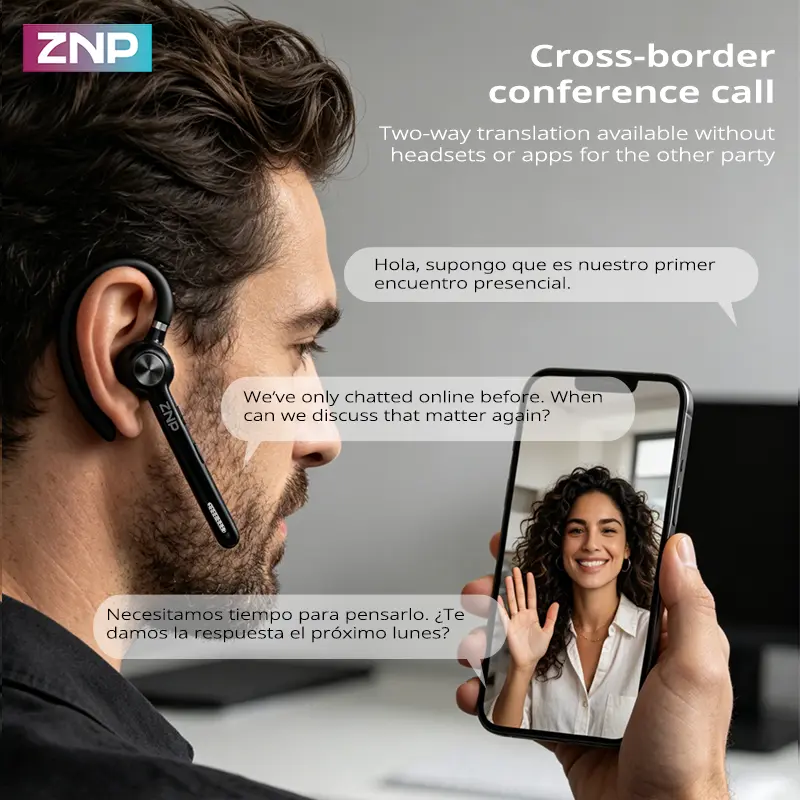 ZNP N06 Bluetooth Headset | Real-time call translation, call recording with translation summaries, and one-touch mute—ideal for business, office use, and travel communication.