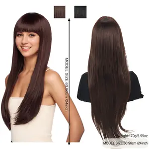 ENTRANCED STYLES Linen brown Wigs for Women Long Straight Wig with Bangs Black Hair Wigs Heat Resistant Synthetic Womens Wig for Daily Party Use 24 Inch