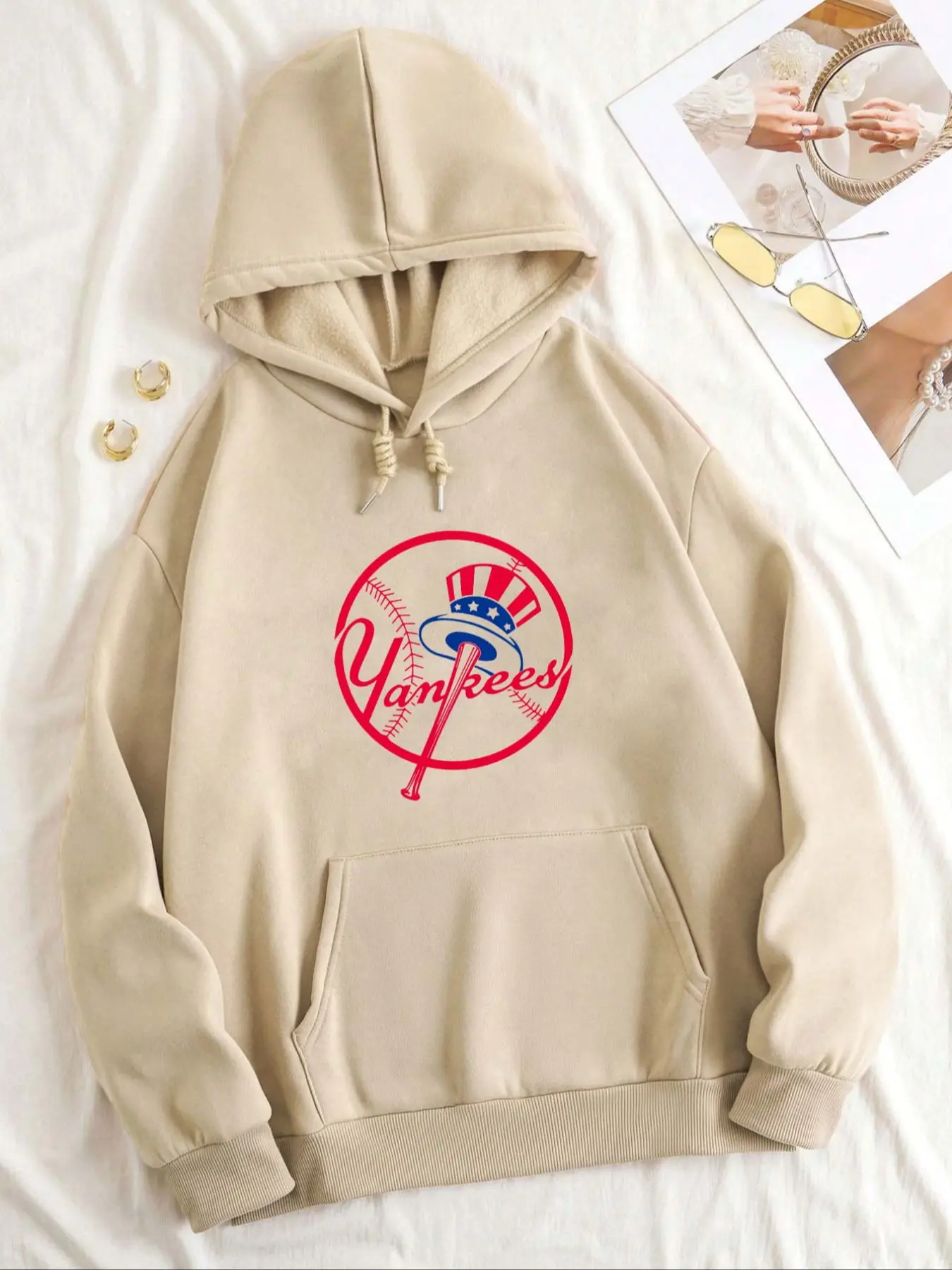 Yankees Baseball Geometric Letter Print Hoodie for Women, Fall & Winter Loose Fit Long Sleeve Soft Fleece Sweatshirt, Casual Style Tops