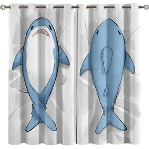 2pcs Shark Front & Back Print Curtains, Watercolor Style Ocean Theme, Perfect for Kids' Bedrooms, Shark Lovers, Cozy Coastal Home Decor