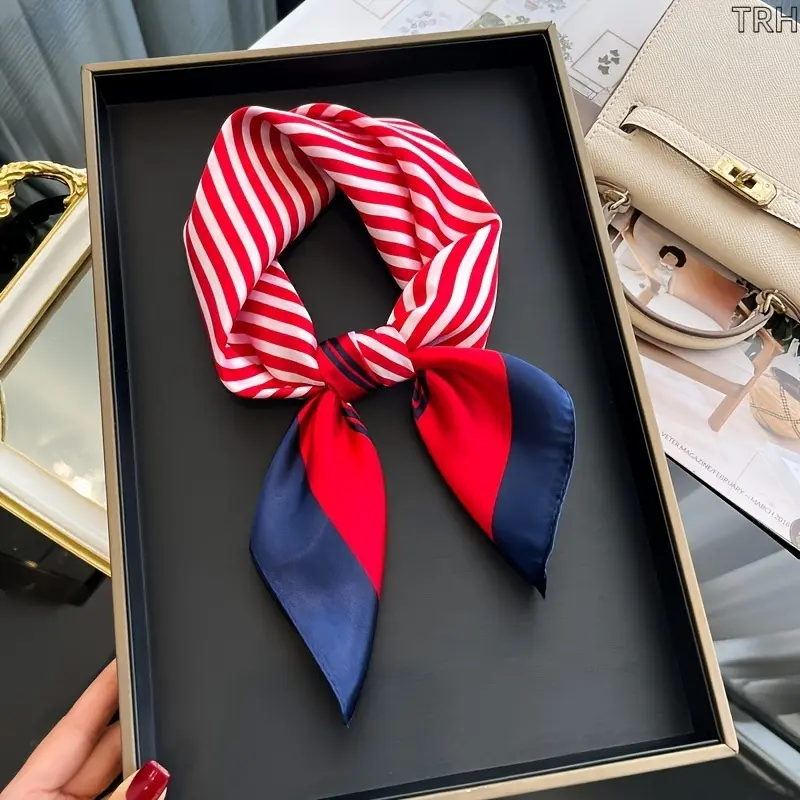 Women's Bandana Style Head Scarf, Striped Block Colors Satin Neckerchief with Glossy Finish, 23.6" Lightweight Polyester Scarf for Hair & Bag, Fashion Headscarf, Bandana Style Head Scarves, Wrinkle-Free, Scarf Bandana
