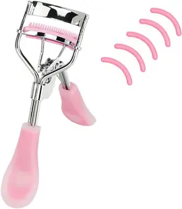 Stainless Steel Eyelash Curler with Built-In Comb – Pain-Free Lash Curler for All Eye Shapes, Includes 5 Silicone Refill Pads (Hazy Pink)
