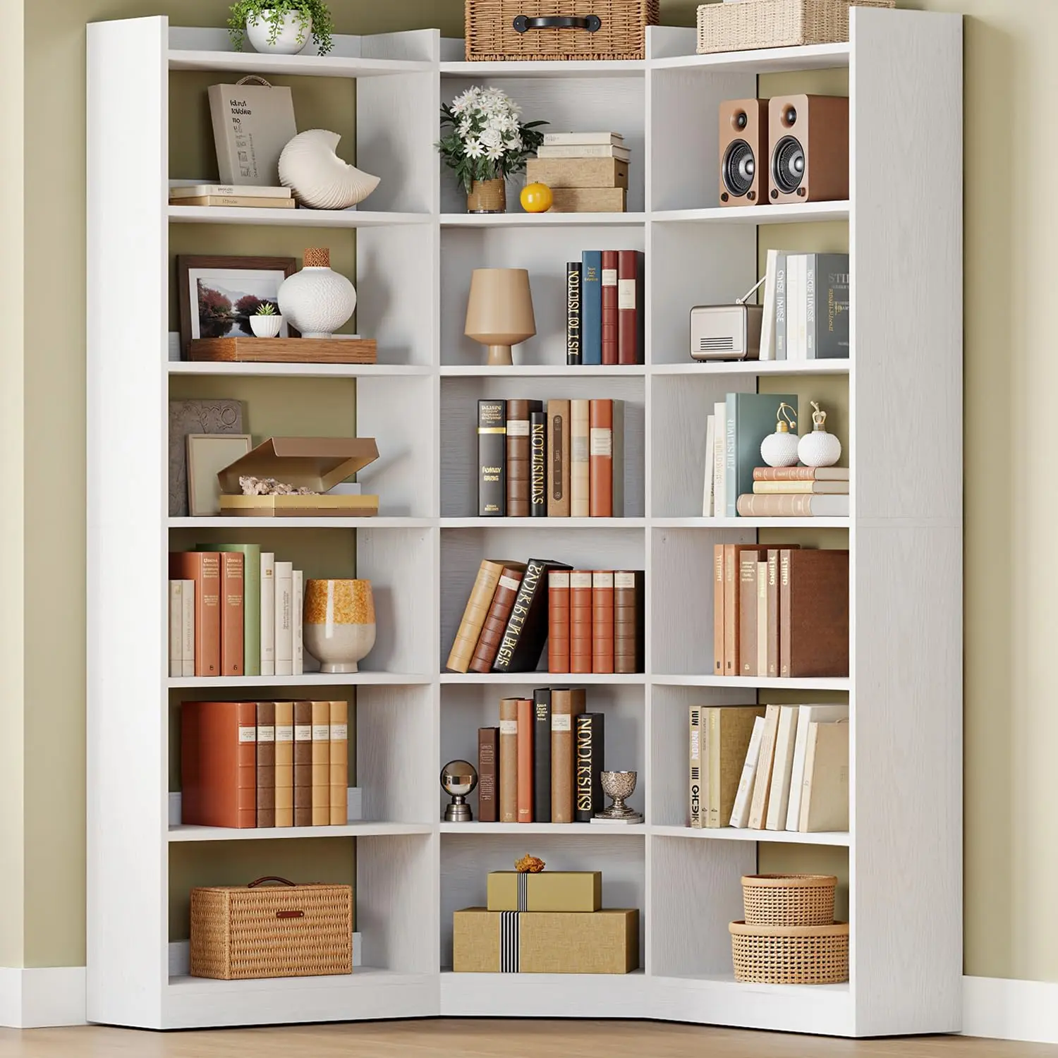 IRONCK 7-Tier Modern Corner Shelf with Baffle Fall Guard - Modern Bookshelf, 80lb Capacity Indoor Furniture for Living Room, Home Office Storage Solution
